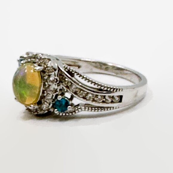 Jelly Opal Ring, Sterling Silver, Vintage, Size 10, CZs, Faux Blue Topaz - Picture 6 of 7